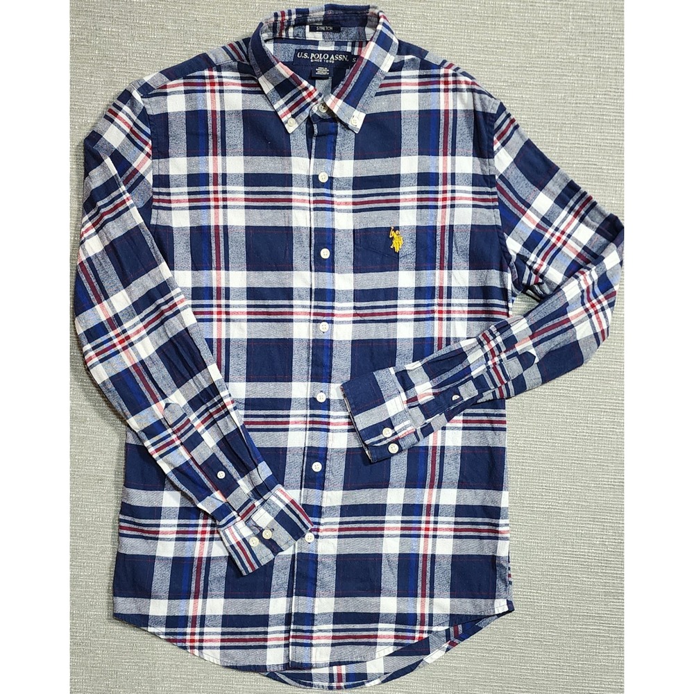 US Polo Assn Mens Plaid Flannel Long Sleeve Button Down Stretch Blue Red White S